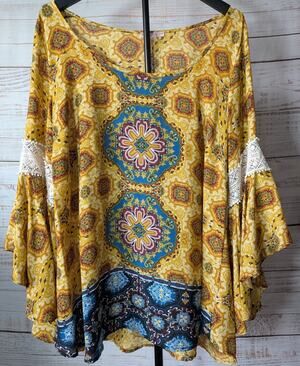 Boho Mosaic Print Tunic Top Yellow Blue Patterned Hippie Folkcore Festival Style
